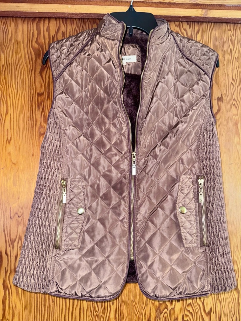 Quilted Brown Faux-Fur Lined Vest with Knit Sides